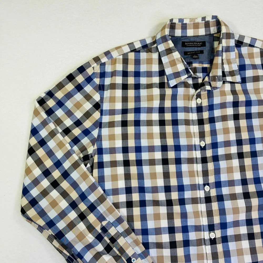 Banana Republic Mens Grant Fit Custom 078 Wash Shirt Blue Tan Check Gingham